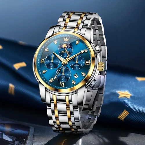 Vista 9 de OLEVS Watch for Men Diamond Business Dress Analog Quartz Stainless Steel Waterproof Luminous Date Two Tone Luxury Casual Wrist Watch Blue