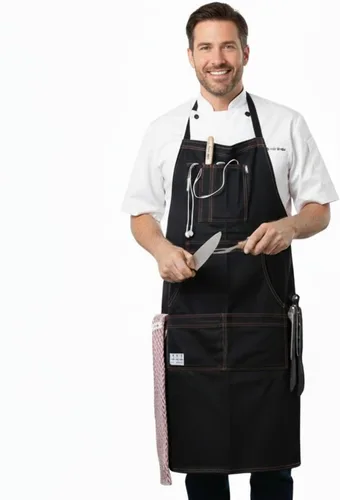 Vista 4 de BÖHM - Delantal de cocina profesional con bolsillos, trabillas para herramientas, correa ajustable para el cuello, algodón duradero de doble