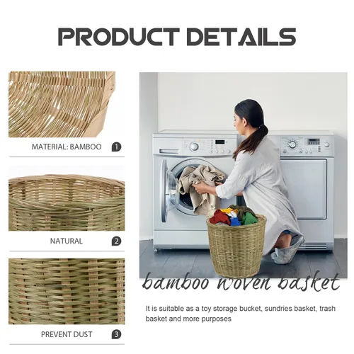 Vista 3 de PRETYZOOM Cesta tejida de bambú versátil con tapa, almacenamiento multiusos para juguetes de basura y artículos diversos, material natural