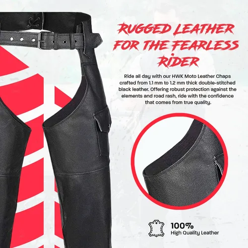 Vista 2 de HWK Chaparreras de cuero para motocicleta para hombres y mujeres, chaparreras negras para protección contra raspaduras en la carretera y comodidad
