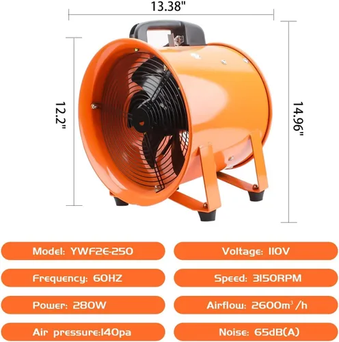 Vista 3 de Ventilador portátil de alta velocidad de 10 pulgadas, ventilador de escape industrial con manguera de conducto flexible de 16.4 pies, ventilador