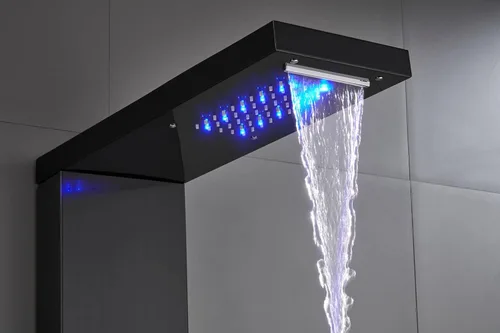 Vista 6 de Sistema de panel de ducha de acero inoxidable tipo torre de Ello&Allo, cabezal de LED, modo cascada o lluvia; sistema de hidromasaje con chorros