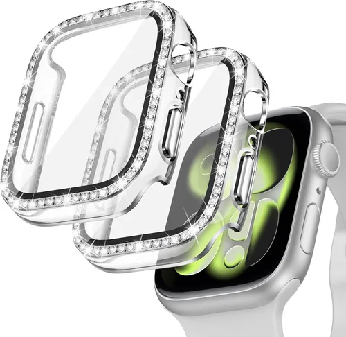 Vista 11 de Goton - Pack de 2 Fundas Bling para Apple Watch con Protector de Pantalla 40mm SE 3/2/1, Series 6/5/4, Funda con Purpurina para Mujer con Diamantes