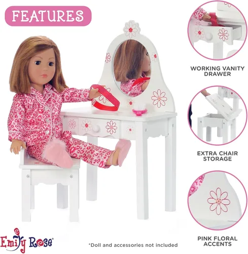 Vista 4 de Juego de tocador de muñeca de 18 pulgadas con cajón de espejo y taburete de almacenamiento, muebles de muñeca de madera para muñecas americanas