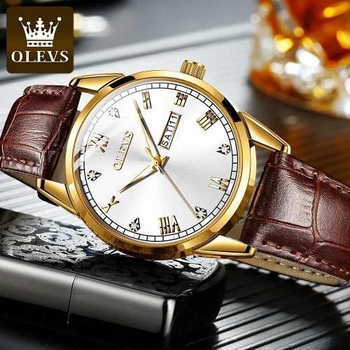 Vista 5 de OLEVS Tienda Watches reloj de cuero marrón para hombre reloj luminoso para hombre reloj de vestir para hombre reloj de cuarzo de moda para hombre