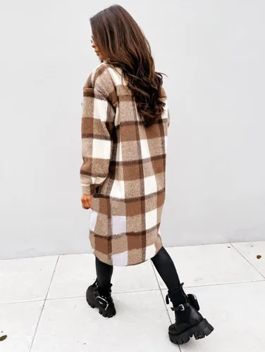 Vista 5 de Yousify Chaqueta larga con solapa a cuadros para mujer cepillada con botones y bolsillos