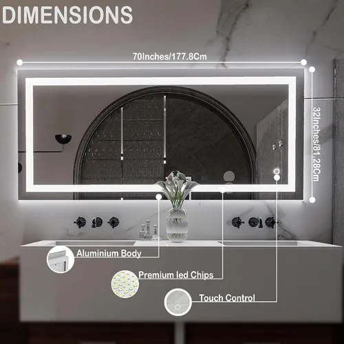 Vista 3 de LEDMyplace - Espejo de baño LED de 70 x 32 pulgadas con antiniebla, regulable, CRI90+, retroiluminado + luz frontal, horizontal/vertical