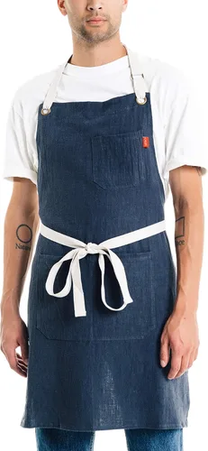 Vista 10 de Delantal de cocina de lino Caldo para cocinar - Delantal con peto de lino para hombres y mujeres para chef profesional, camarero o barista - Hueso