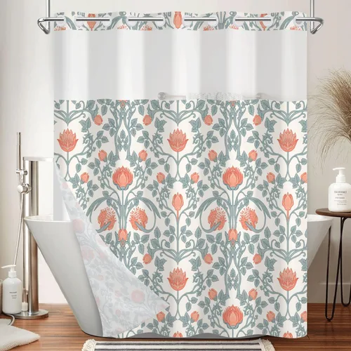 Vista 36 de No Hook Geometric Shower Curtain with Snap in Liner - 71″W x 74″L Waterproof Fabric with Mesh Top Window, Modern Abstract Triangle Design Bath