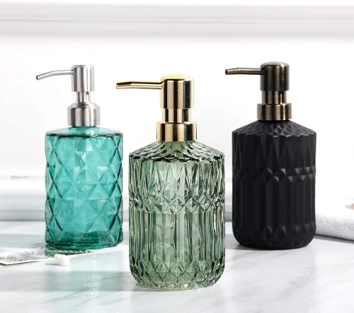 Vista 7 de YunNasi Dispensadores de jabón de vidrio con bomba, diseño de cristal, vintage y elegante, dispensadores de jabón líquido recargables para encimera