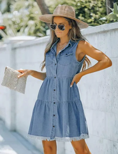 Vista 3 de luvamia Vestido de mezclilla corto con solapa sin mangas y botones para mujer