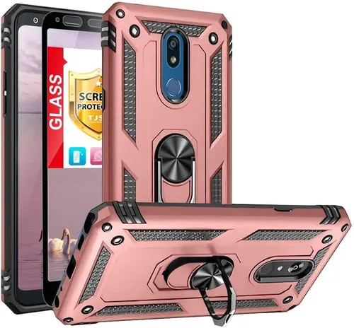 Vista 12 de TJS Funda para teléfono LG K40/K12 Plus/X4/Solo LTE/Harmony 3 (azul) con protector de pantalla de vidrio templado de cobertura completa, anillo