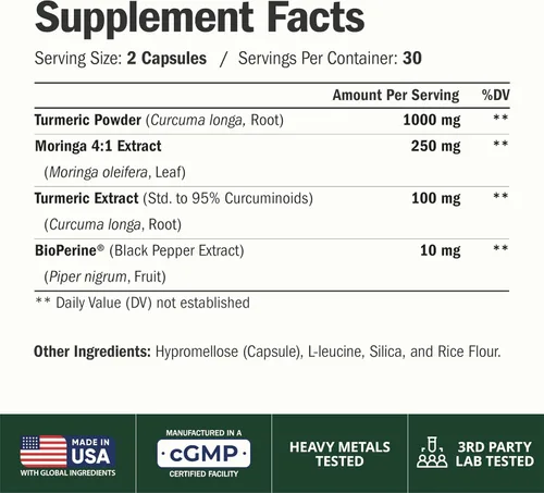 Vista 2 de Suplemento de Moringa + Cúrcuma Curcumina para la Salud de las Articulaciones, Salud Intestinal, Energía y Apoyo Inmunológico - Fórmula de Bienestar