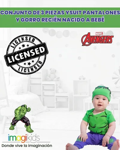 Vista 3 de Marvel Avengers The Hulk - Conjunto de body y gorro para bebé