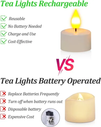 Vista 6 de SoulBay Velas de té recargables con control remoto, 12 piezas de velas LED sin llama parpadeantes con temporizador y cable de carga USB, sin