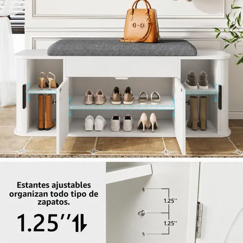 Vista 5 de Einhomn Banco de almacenamiento de zapatos de entrada con cojín, armario de 2-Blanco