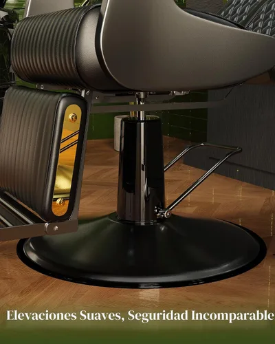Vista 6 de Silla reclinable de barbero Baasha negra con ribete dorado en los reposabrazos, cómodo cojín de espuma viscoelástica, reposacabezas ajustable, base