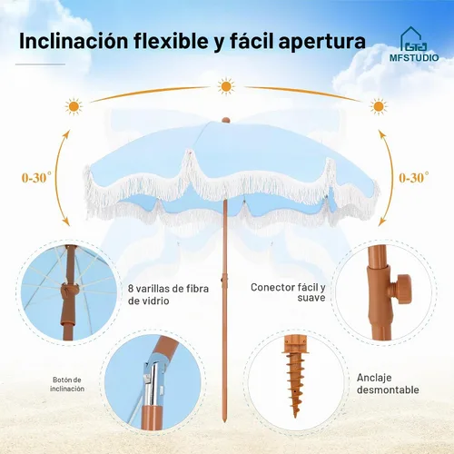 Vista 5 de Sombrilla de playa para patio de 7 pies con flecos, sombrilla para exteriores junto a la piscina, azul