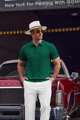 Vista 49 de COOFANDY Camisas polo de punto para hombre de manga corta con textura acanalada Camisas de golf casuales y ligeras con cuello Camiseta de polo