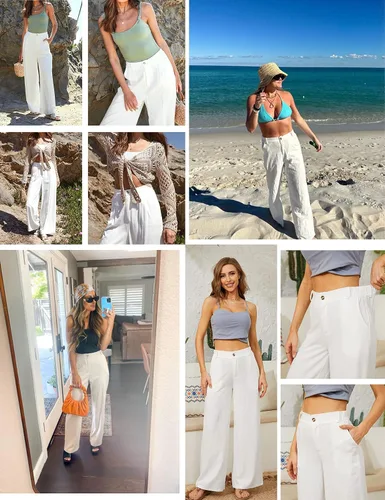 Vista 6 de Hooever Pantalones casuales de lino y algodón para mujer, con botones, cintura alta, pierna ancha