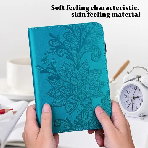 Vista 4 de Amazon Kindle Fire HD 8 8ª/7ª/6ª generación 2016/2017/2018, diseño de flores de encaje en relieve de piel sintética, a prueba de golpes, con soporte