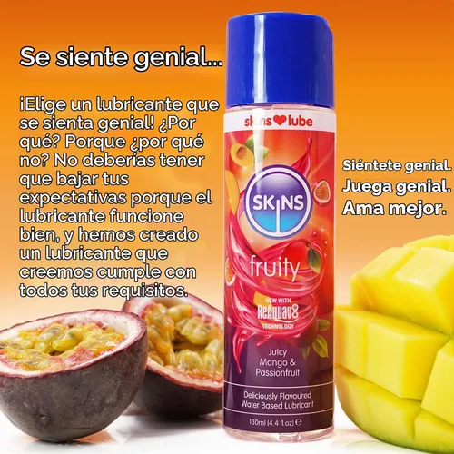 Vista 4 de Skins Lubricante con sabor a mango y maracuyá con tecnología ReAquav8 – Lubricante a base de agua con sabor a mango y maracuyá – 4 onzas