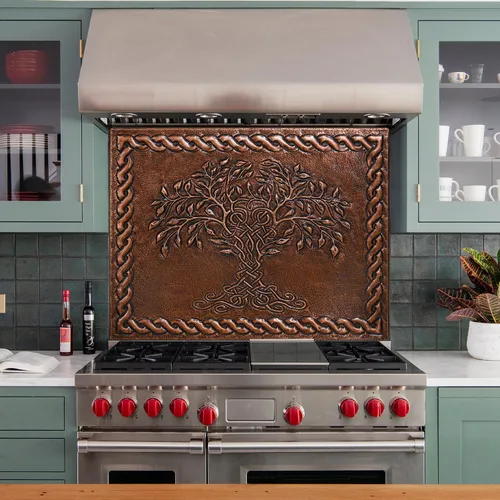 Vista 7 de Protector contra salpicaduras de cocina, árbol de la vida celta con borde de nudo celta para cocina, panel de cobre personalizado, azulejos de cobre