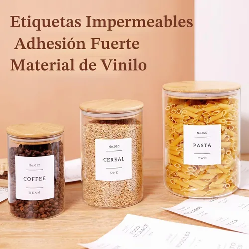 Vista 4 de 3 recipientes de vidrio con tapas herméticas de bambú y 42 etiquetas de despensa de cocina preimpresas, juego de recipientes de almacenamiento