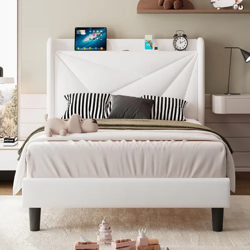 Vista 16 de iPormis Base de cama tamaño Queen con estación de carga, marco de cama de plataforma de lino con cabecera tapizada con respaldo de ala, soporte