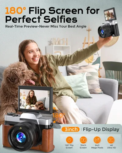 Vista 5 de Cámara digital 4K para enfoque automático de fotografía, cámara de vlogging WiFi de 64MP para YouTube con pantalla abatible de 180° de 3 pulgadas
