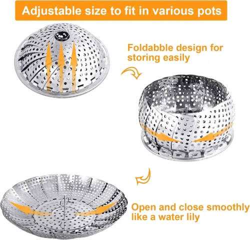 Vista 4 de Cesta de vapor para verduras, cesta plegable para vaporizar, inserto de cesta de vapor plegable de metal de acero inoxidable, para cocinar
