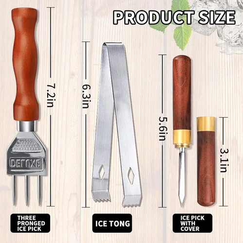 Vista 2 de Picadora de hielo de acero inoxidable con mango de madera, ideal para romper hielo, herramienta de cocina, paquete de 3