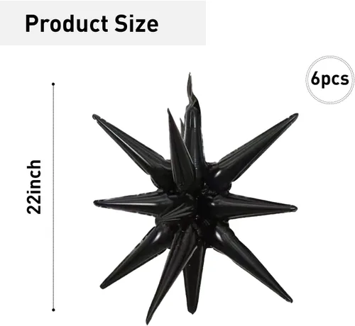 Vista 2 de 6 Globos de Papel de Aluminio con Forma de Estrella Negra de Una Pieza, Globo de Estrella de 14 Puntas 4D Cono Starburst de Mylar de 22 Pulgadas 22