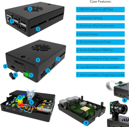 Vista 4 de Vilros Kit de inicio Raspberry Pi 5 de 4GB - Edición enfriada por turbo - 32GB de memoria (negro de aluminio)