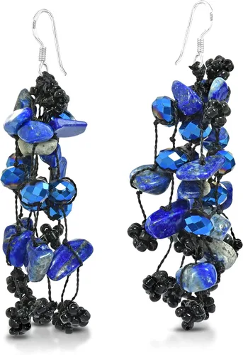 Vista 2 de AeraVida Aretes colgantes hechos a mano con perlas de agua dulce y cristal multipiedra azul, 0.591 in x 1.969 in, Resina Perla, Lapislázuli