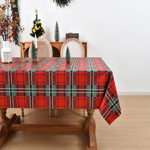 Vista 8 de Mantel de Navidad de vinilo resistente rojo de 54x54 pulgadas, mantel rectangular de Navidad, mantel de PVC reutilizable, impermeable, plegable