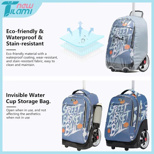 Vista 33 de NEW TILAMI Mochila con ruedas de 19 pulgadas con bolsa de almuerzo para niñas y niños, mochila para laptop con ruedas, bolsa de mano duradera