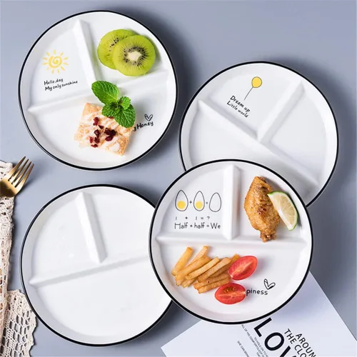 Vista 6 de Platos divididos de porcelana para niños, placas redondas de control de porciones para pérdida de peso para adultos, platos llanos con compartimento