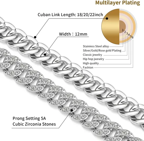 Vista 2 de Miami Cuban Link Chain Necklace Bling CZ Diamonds Chain Iced Out Hip Hop Jewelry Gifts for Men Women Gold Silver 18" 20" 22