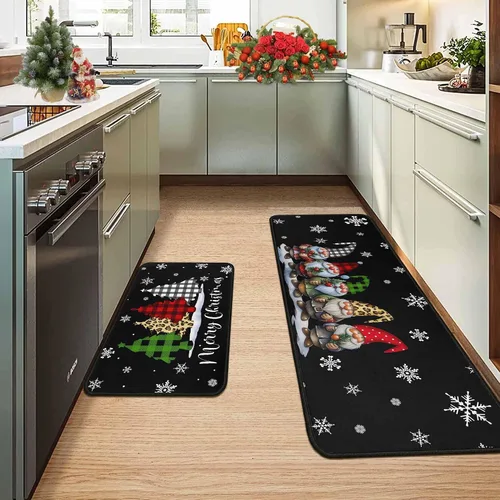 Vista 7 de Alfombras de cocina de cuadros de búfalo con gnomos de árbol negros, juego de 2, Merry Christmas, decoración de piso de perfil bajo para fiestas