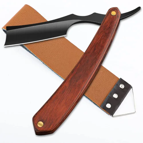 Vista 16 de Navaja de afeitar recta con estropajo - Afeitadora profesional de borde recto de acero inoxidable premium para barbero con estropajo para aseo
