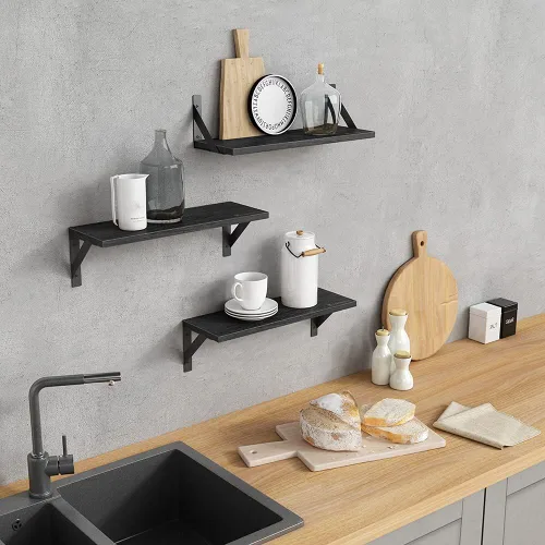 Vista 2 de Forbena Juego de 3 estantes flotantes negros para baño, estantes de madera para libros, estante rústico para almacenamiento, organizador de baño