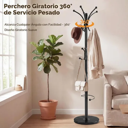 Vista 7 de Perchero de metal independiente con base de mármol natural, perchero Roraty de 360° con 16 ganchos y soporte para paraguas, perchero negro
