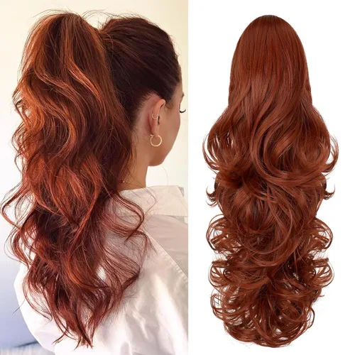 Vista 39 de Felendy Extensión de cola de caballo de 18 pulgadas, mezcla de rubio ceniza, marrón oscuro, rizado, ondulado, con clip, extensiones de cabello largo