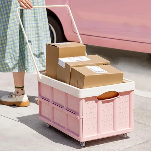 Vista 5 de Cabilock Caja de almacenamiento plegable con tapa, caja de ropa con tapa, carrito de compras, playa, camping, jardín, carrito de compras con rueda