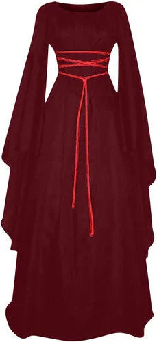 Vista 5 de Vestido vintage para mujer, de manga larga, cuello redondo, cinturón irregular, vestido de disfraz de Halloween 2022