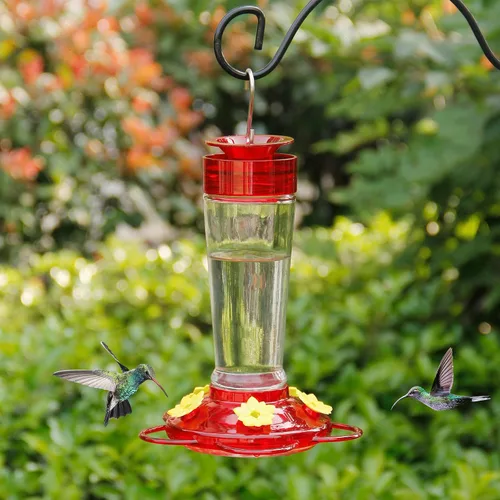 Vista 9 de Shrdaepe Comedero para colibríes, comedero para pájaros con botella de vidrio, 5 puertos de alimentación (rojo y amarillo)