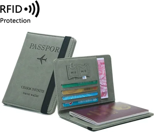 Vista 2 de Carteras pequeñas para mujer, cartera de pasaporte de viaje multiusos neutral, billetera de pasaporte de tres pliegues (verde, talla única)