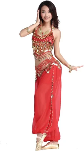 Vista 6 de Traje para danza árabe ZLTdream para mujeres, de chifón, top venda y pantalones anchos con monedas