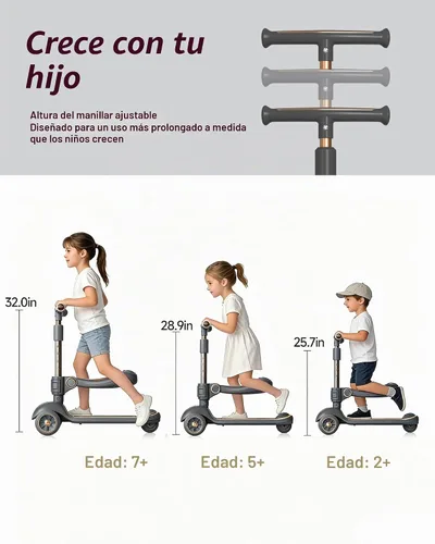 Vista 5 de 2-in-1 Toddler Scooter with Seat, 3 Wheel Kids Scooter Ages 2-5 Sit-or-stand first scooter with removable seat, lean-to-steer, adjustable
